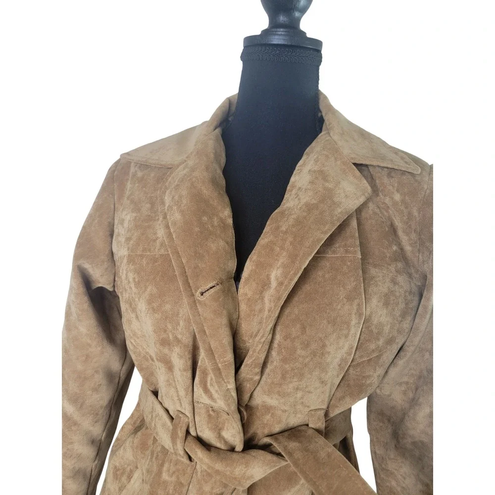 Gaurav Collection Tan Faux Suede Belted Jacket Coat Womens Size 1 Small Tan